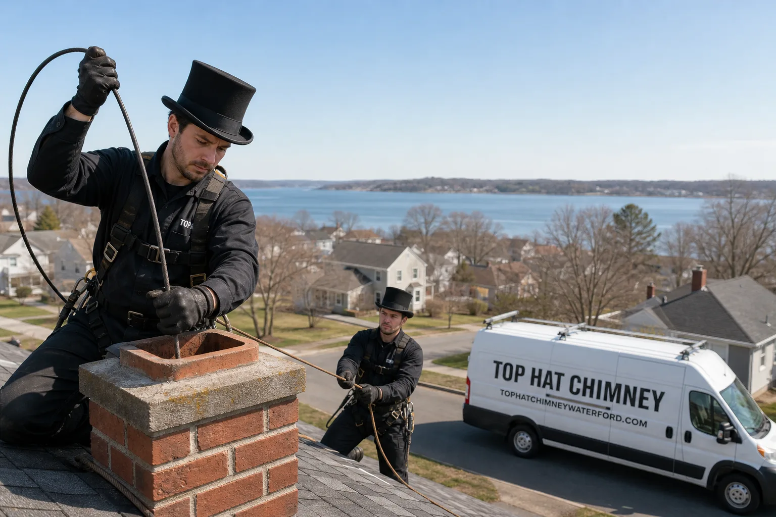 Top Hat Chimney chimney cleaning service vehicle and crew in Waterford, CT